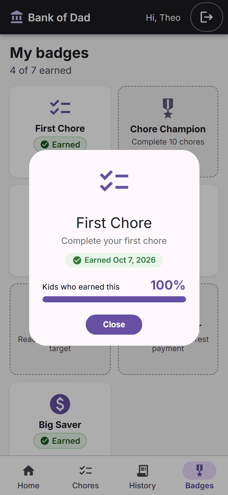 A badge details popup for First Chore