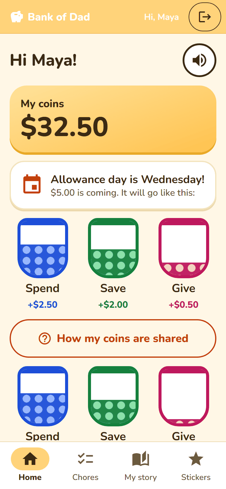 Coin Jar mode on a phone: big coin total and Spend, Save and Give jars