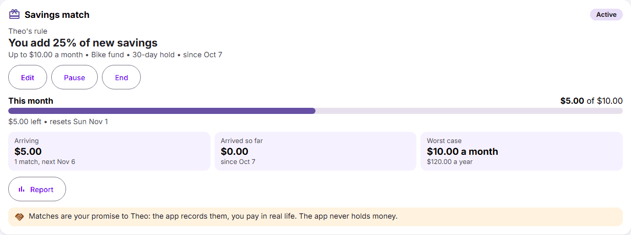 The parent Savings match card: 25% of new savings, $10 monthly cap, 30-day hold
