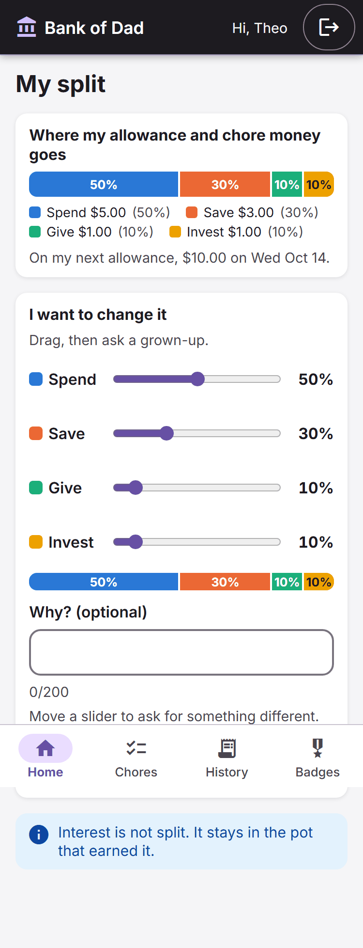A kid’s My split page showing Spend, Save, Give and Invest
